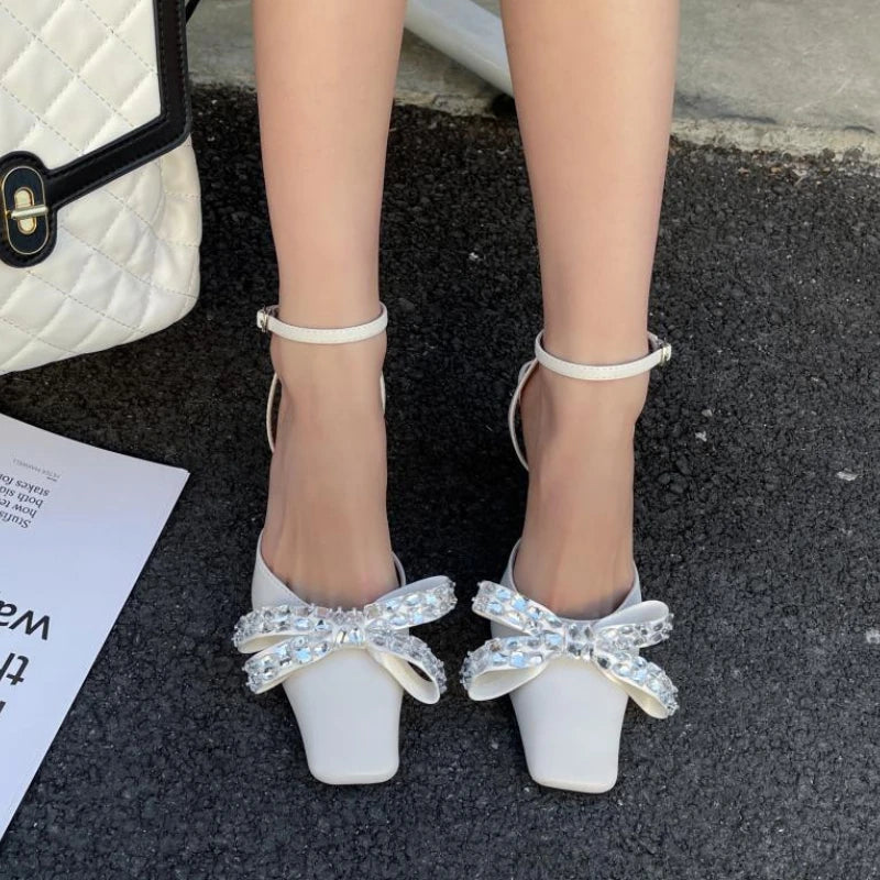 LIZAKOSHT  -  Rhinestone Bow High Heeled Sandals Women Ankle Straps Low Heel Slingback Sandals Square Headed Pumps Women Sandalias Mujer