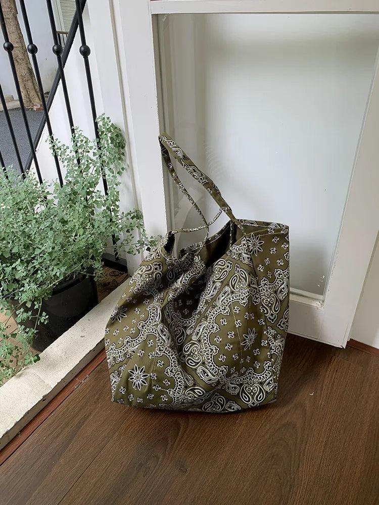 LIZAKOSHT  -  Fashion Student Canvas Bag Large Capacity Handbag Retro Cashew Flower Shoulder Bag Casual Tote For Woman