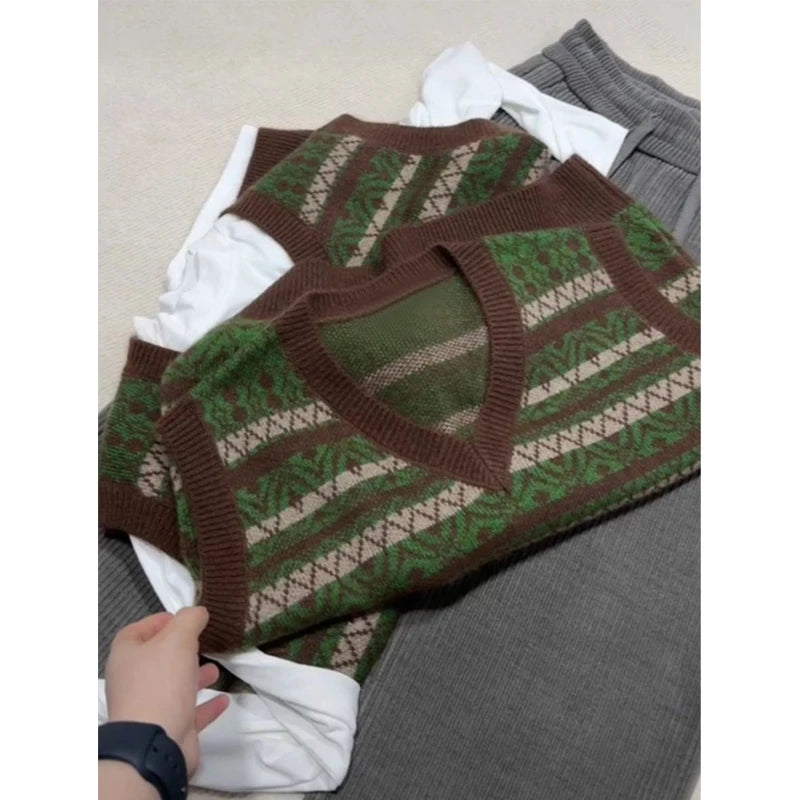 LIZAKOSHT  -  Women Clothing Autumn Winter Vintage Striped All Match Sweater Vest Y2K Simple Casual V Neck Sleeveless Loose Knitted Waistcoat