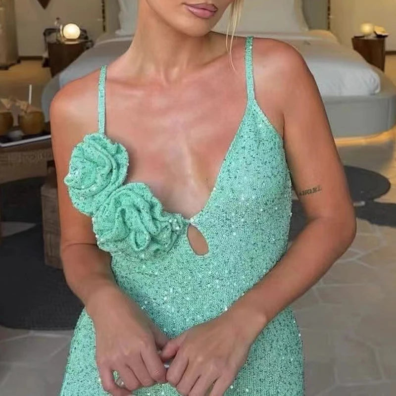 LIZAKOSHT  -  Women Luxury 2025 Rose Suspender Sequins Gowns Dress 2025 V-Neck Glitter Evening Dress Sexy Slim Green Party Robes Vestidos