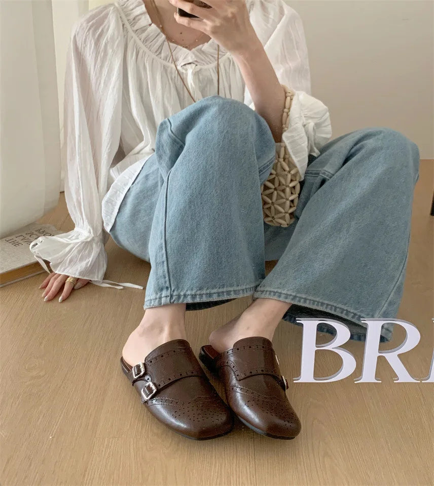 LIZAKOSHT  -  retro hollow out leather slippers women square toe double buckle sandals flat heel cutout mules shoes for woman sandalias mujer
