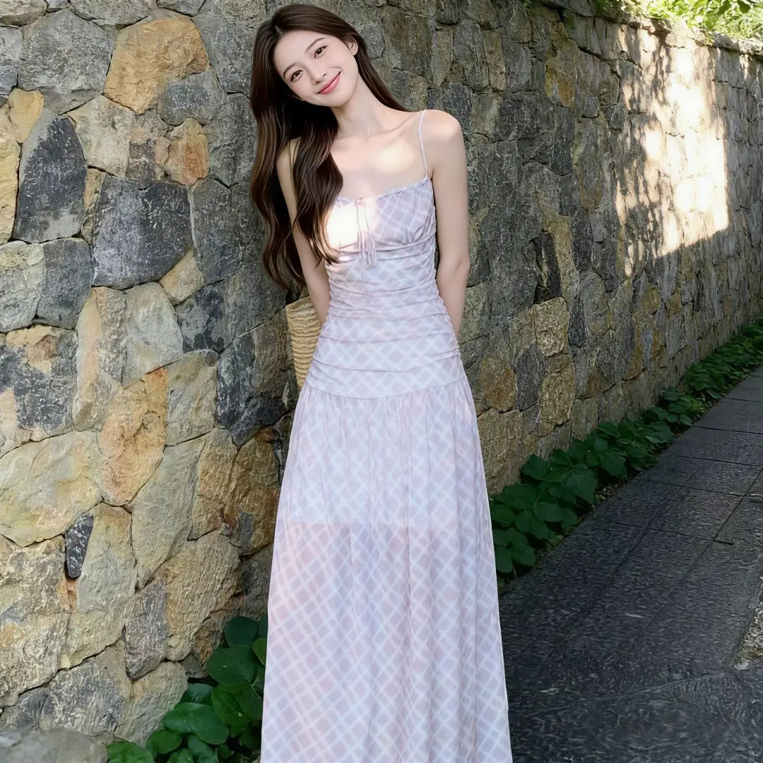 LIZAKOSHT  -  Fashionable Sexy Plaid A- Line Long Dress Strapless Waist-Cinching Slimming Summer New Style High Waist Pleated Fresh Sweet Styl
