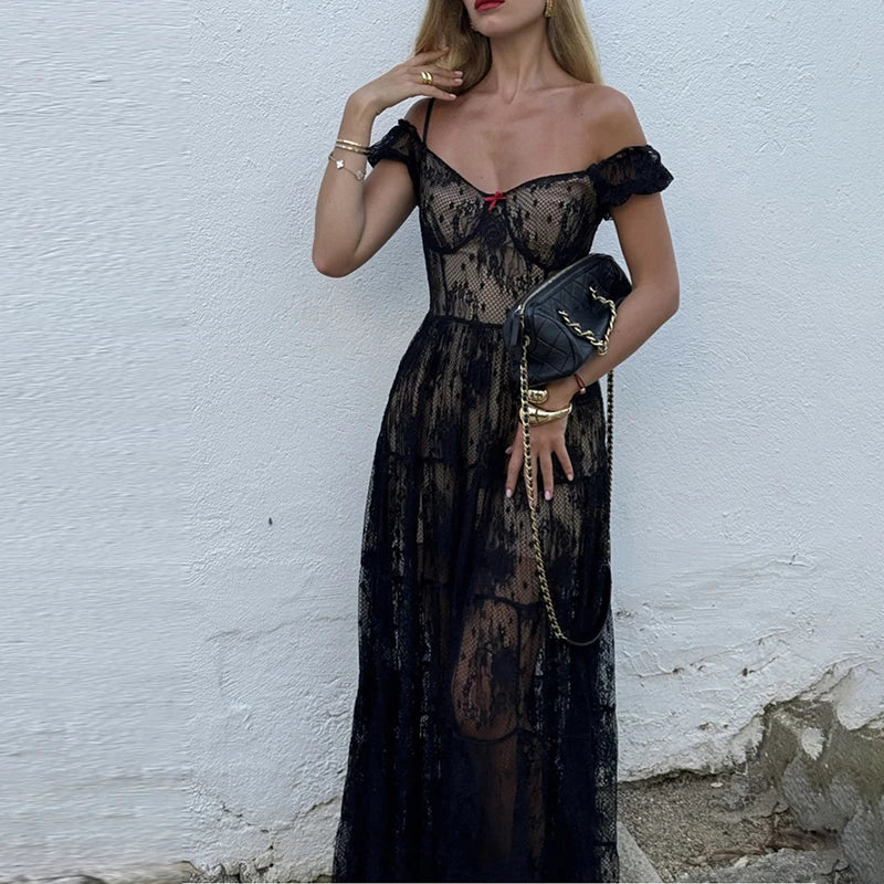 LIZAKOSHT  -  French Style Lace Solid Color Evening Dress Summer New Slash Collar Garden Party Dress Elegant High Waist Pleated Banquet Dress