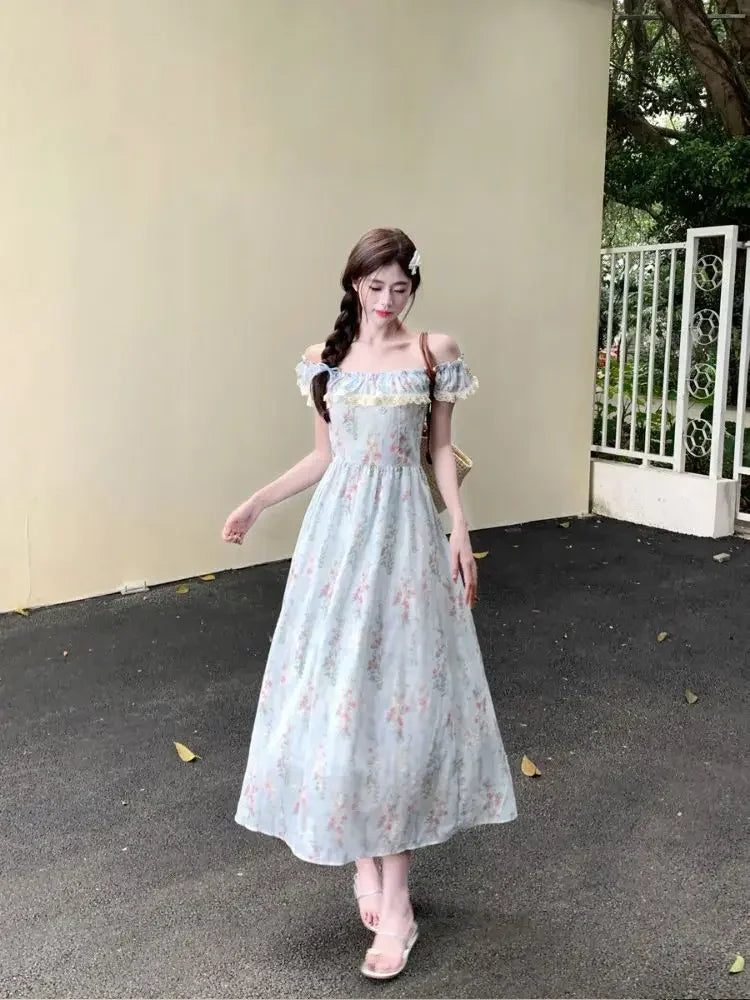 LIZAKOSHT  -  Beautiful Lace Square Neck Small Flying Sleeve Floral Dress with Temperament Waist-hugging and Slimming A-line Long Skirt