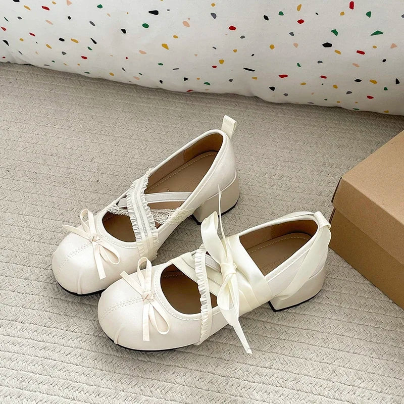 LIZAKOSHT  -  Lace Cross Strap Women Mary Jane Shoes Fashion Sweet Butterfly-knot Thick Heel Shoes Spring Autumn Ladies Elegant Dress Pumps