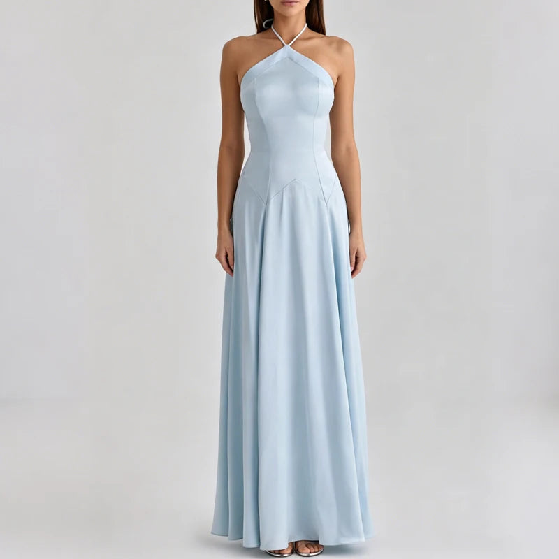 LIZAKOSHT  -  Elegant Sleeveless Waist Solid Satin Long Dress Sexy Backless Hollow Slim Party Dress Halter Neck Tie-Up Satin Women Gowns Dress