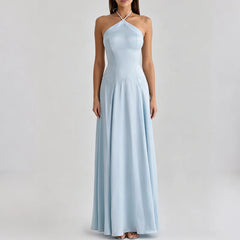 LIZAKOSHT  -  Elegant Sleeveless Waist Solid Satin Long Dress Sexy Backless Hollow Slim Party Dress Halter Neck Tie-Up Satin Women Gowns Dress