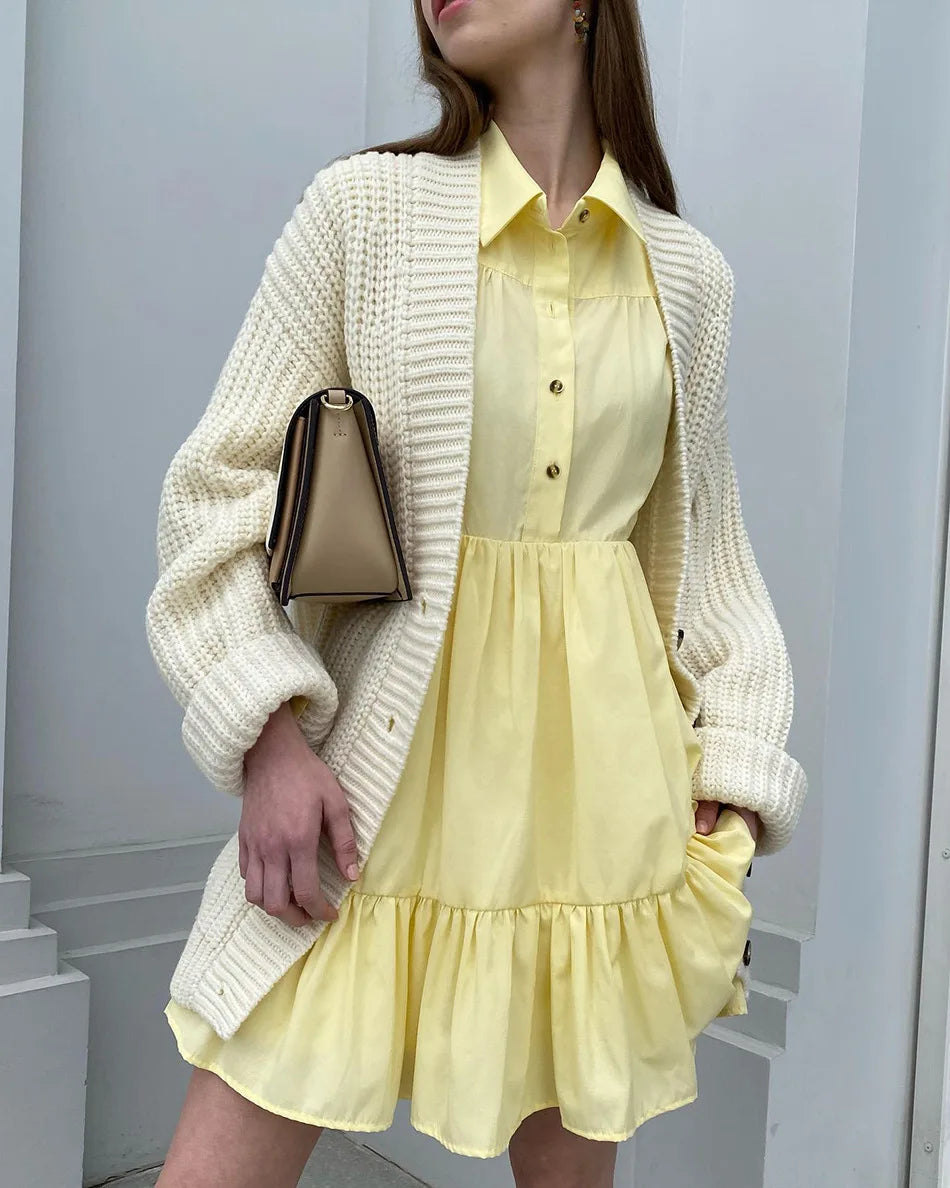 LIZAKOSHT  -  Spring/Summer New Bubble Sleeves Flip Collar Shirt Dress Women's Ruffle Edge Loose Fashion Casual A-line Dresses