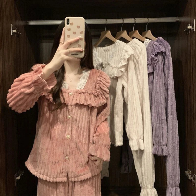 LIZAKOSHT  -  Coral Fleece Pajamas Sets for Women Plush Soft Warm Square Collar Lace Sweet  2 Piece Bow Tie Elegance Thickened Warm Homewear