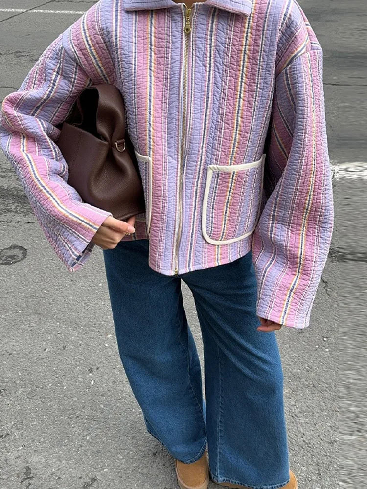 LIZAKOSHT  -  Chic Colorful Striped Lapel Collar Jacket Women Full Sleeve Zipper Patch Pockets Coat 2025 Autumn Female Chic Casual Outerwear