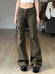 LIZAKOSHT  -  Vintage Low Rise Cargo Flare Pants Multi Pocket Streetwear Trousers