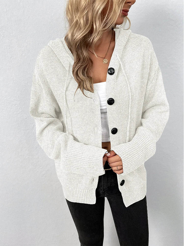 Lizakosht V-neck Hooded Grey Autumn Winter Women Knitted Long Sleeves Cozy Femme Casual Cardigans Sueter Mujer Loose Sweater Buttons