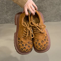 LIZAKOSHT  -  Thick Soled Height Increasing Vulcanized Shoes Women, Leopard Print Lace Up Round Toe, Four Season Plus Size Single Shoes Women