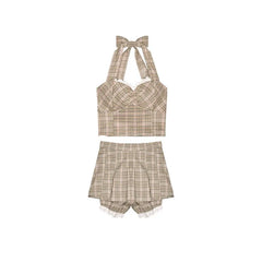 LIZAKOSHT  -  Sexy Skirt Set Women's Summer Plaid Halter Neck Tank Top High Waist Pleated Skirt Two-piece Set Fashion Female Clothes