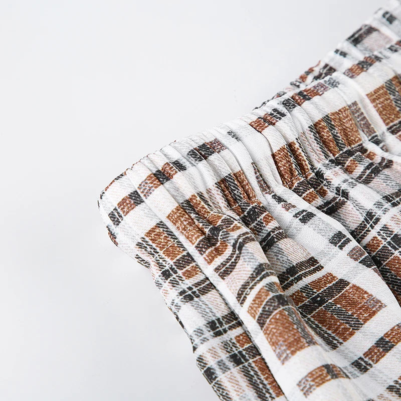 LIZAKOSHT  -  Vintage Brown Plaid Pants for Women Sweet Casual Chic Trousers Y2K Streetwear Loose Bottoms Fashion Harajuku HomePants