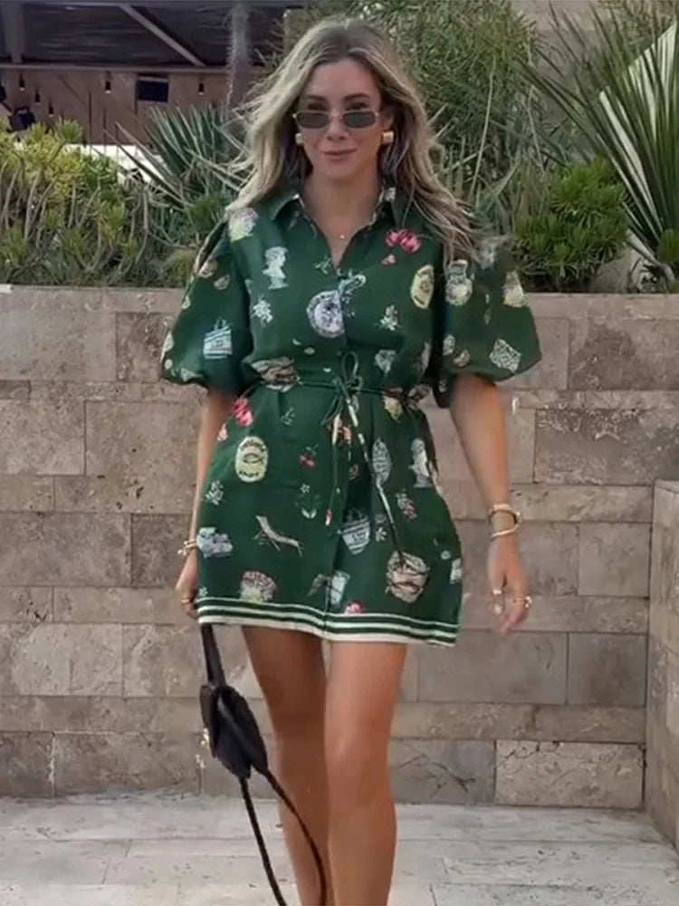 LIZAKOSHT  -  Printed Women's Short Dresses Single Breasted Turn-Down Collar Dress Lace Up Waist Slim Fit Ladies Out Suits High Street Clothes