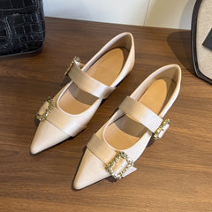 LIZAKOSHT  -  elegant ladies rhinestone buckle flats women pointed toe silk ballerina shoes low heel height increasing crystal loafers size 43