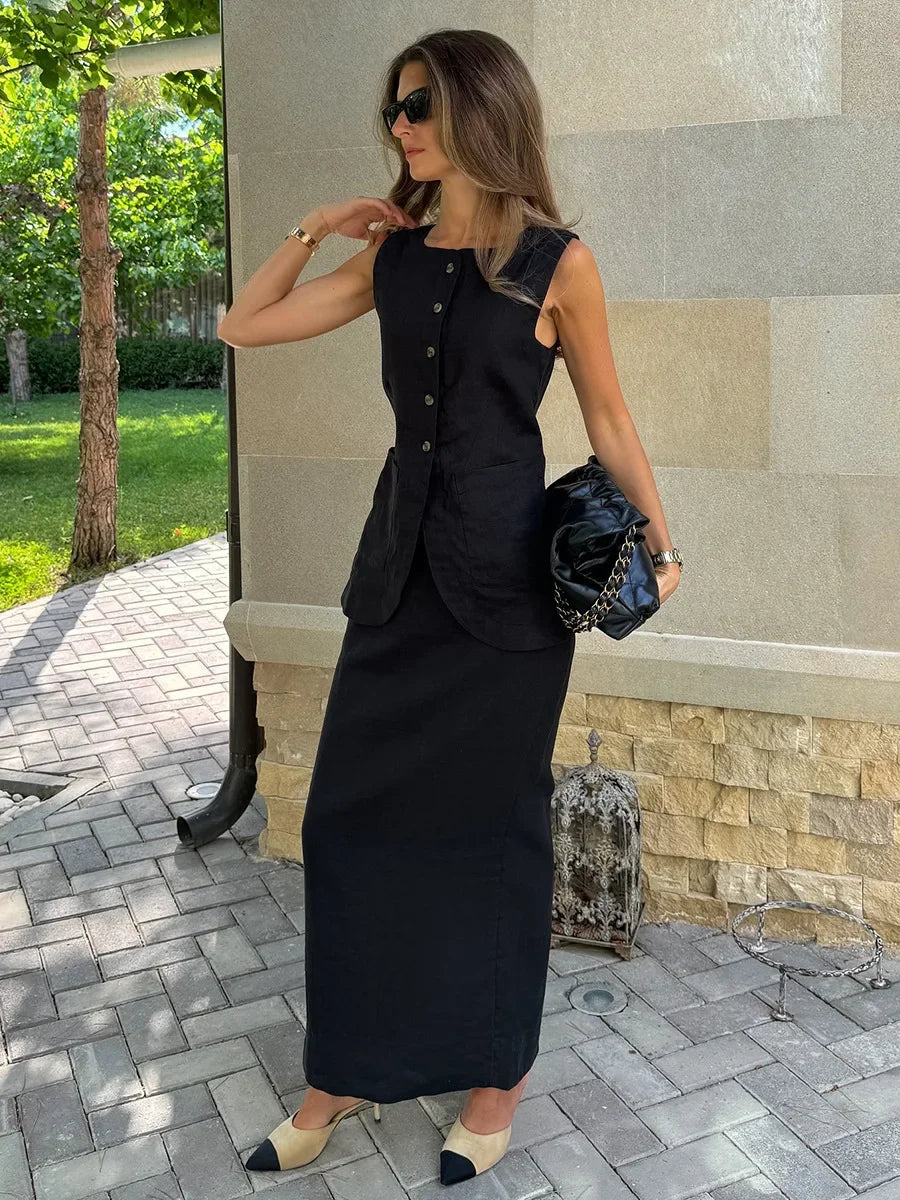 LIZAKOSHT  -  Women's Sleeveless Vest High Waisted Skirt 2-Piece Set Spring Summer New Linen Casual Suit Fashion Office Lady Vest Set