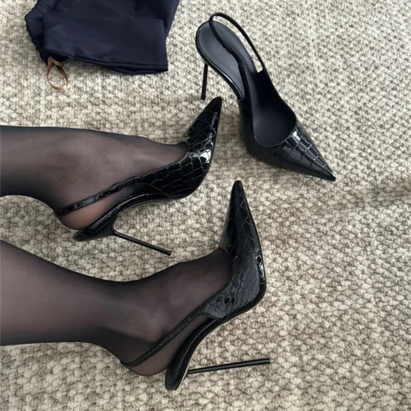 LIZAKOSHT  -  Crocodile patterned flat toe sandals with toe caps, women's slim heels, pointed toes, sexy high heels, versatile single shoes