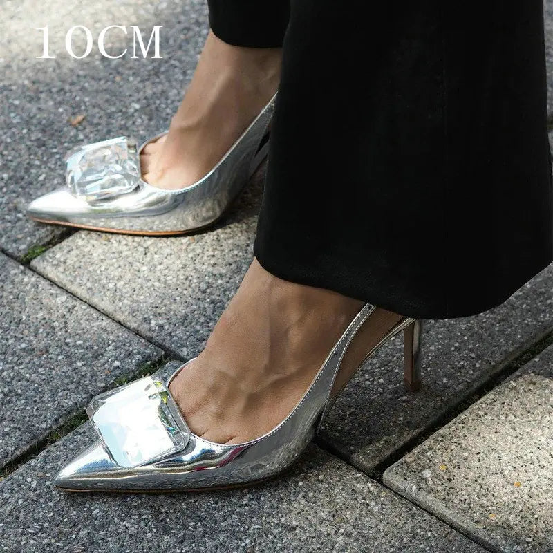 LIZAKOSHT  -  Summer New High-Heeled Shoes Pointy Square Buckle Crystal Shallow Mouth Thin Heels Elegant Sandals For Woman