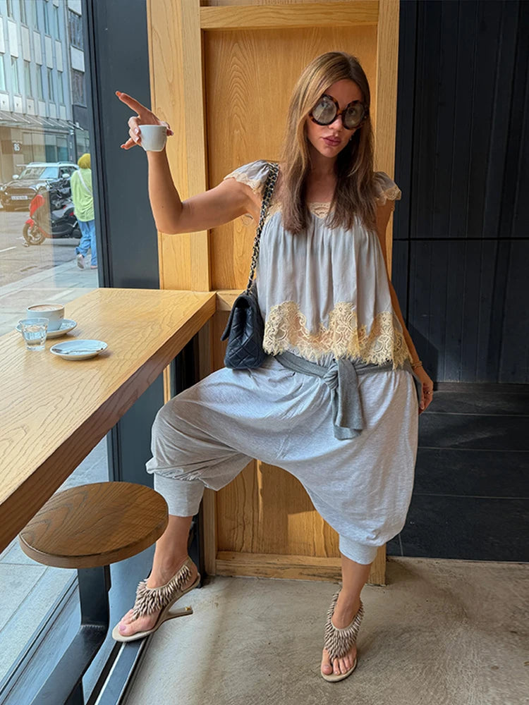 LIZAKOSHT  -  Lace Patchwork Blouse Thin Strap Lace Shoulder Panels Gathered Bust Spring Summer Cafe Date Lady Women Boho Casual Cami