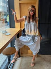 LIZAKOSHT  -  Lace Patchwork Blouse Thin Strap Lace Shoulder Panels Gathered Bust Spring Summer Cafe Date Lady Women Boho Casual Cami