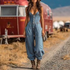 LIZAKOSHT  -  Western Cowboy Denim Jumpsuit for Women, Casual Outdoor Overalls Trousers with Pockets, Plus Size Available