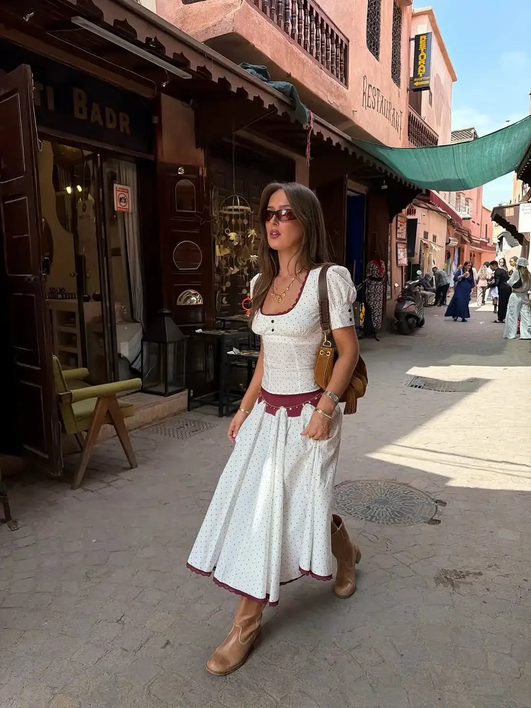 LIZAKOSHT  -  Solid Polka Dot Long Skirt Suit Women U Neck Short Sleeves Lace Ruffle Waist Cinching 2-piece Set Lady Summer Holiday Outfit New