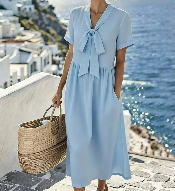 LIZAKOSHT  -  Summer New Bow V-neck Long Short-sleeved Solid Color Dress Temperament Casual Skirt