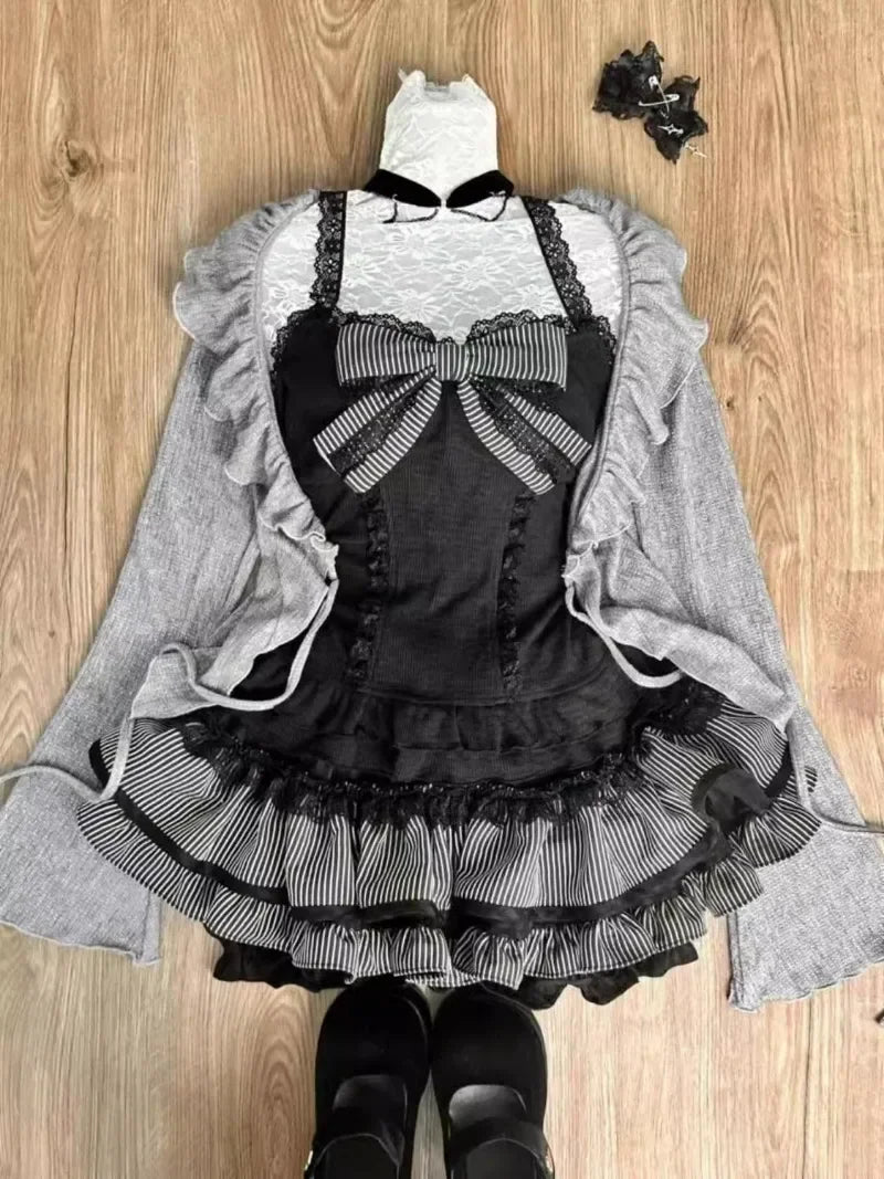 LIZAKOSHT  -  Sweet Lolita Lace Up Ruffles Cardigan+ Sexy Slim Fit Strapless Vest Tops+ High Waist Ruched Skirts Early Autumn Three Piece Sets