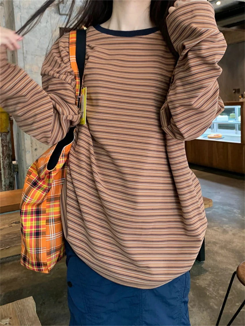 LIZAKOSHT  -  Loose Women T-Shirts Stripes All Match Full Sleeve Sweatshirt Chic Thicken Autumn Woolen Casual Vintage Outwear Tees