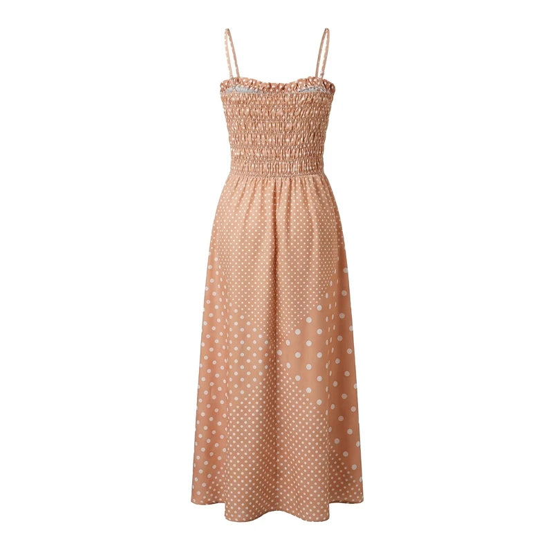 LIZAKOSHT  -  Women Polka Dot Print Dress Shirred Sleeveless Spaghetti Strap Maxi Dress Beach Vacation Party Night Cocktail Dress