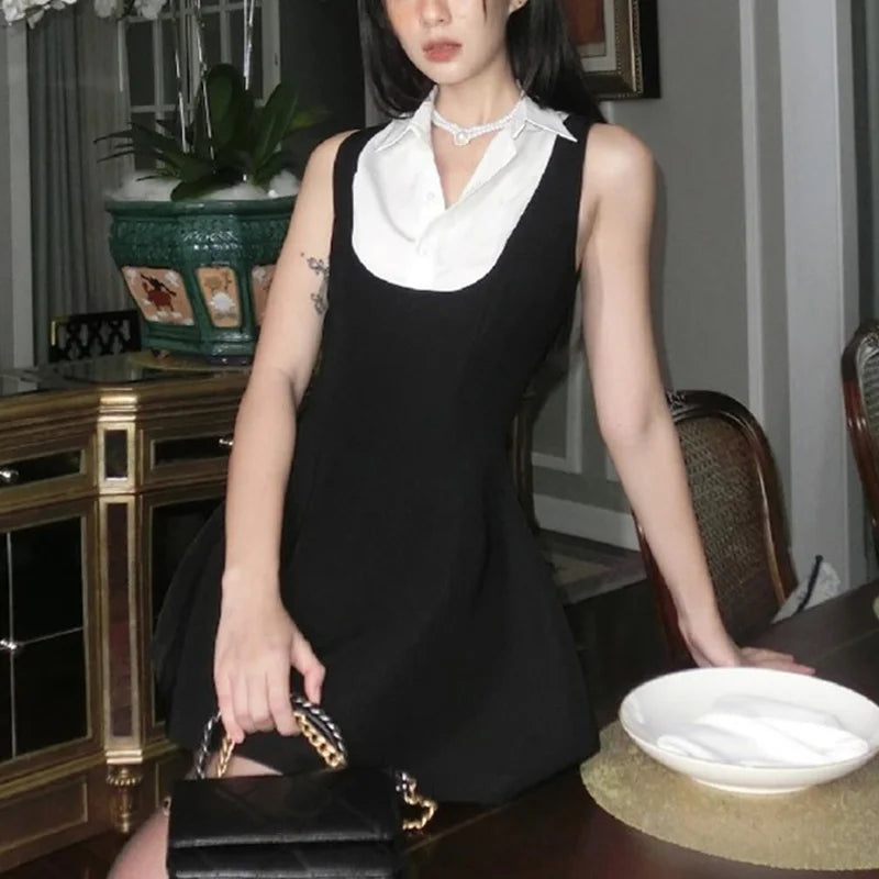 LIZAKOSHT  -  y2k Mini Dress Women Summer Contrast Color Patchwork Lapel Collar Sleeveless A Line Mini Dress Evening Party Dresses