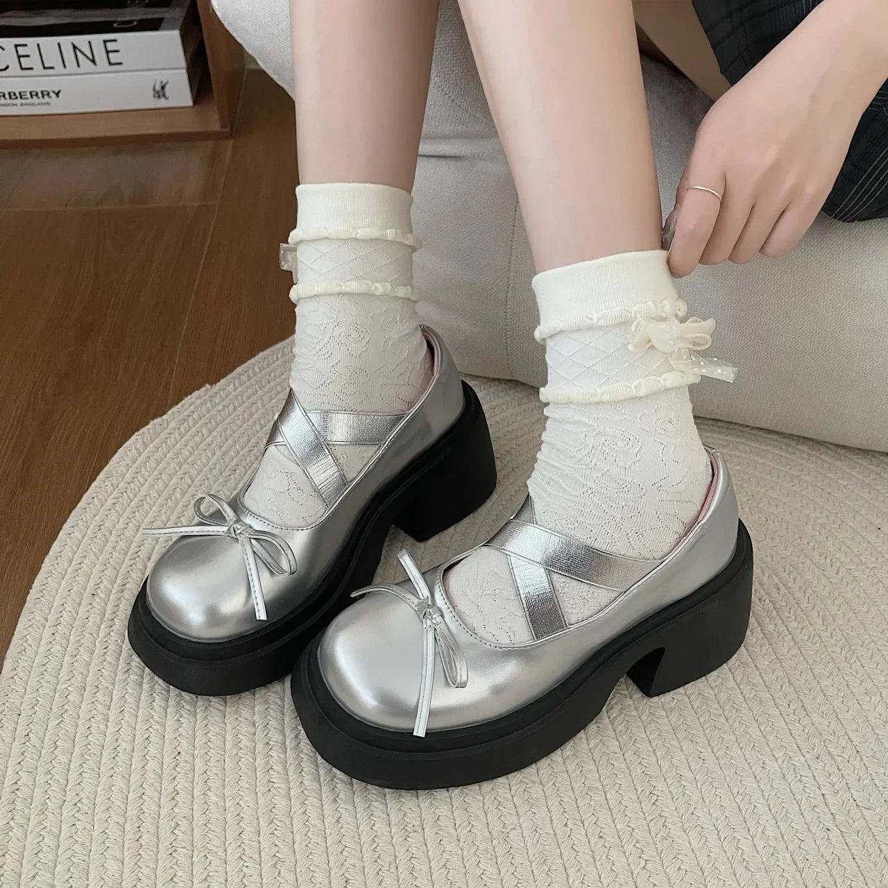 LIZAKOSHT  -  Fashion Casual PU Leather Mary Janes Shoes for Women Summer Autumn Bow Platform Bow Designer Chunky Heel Ladies Shoes