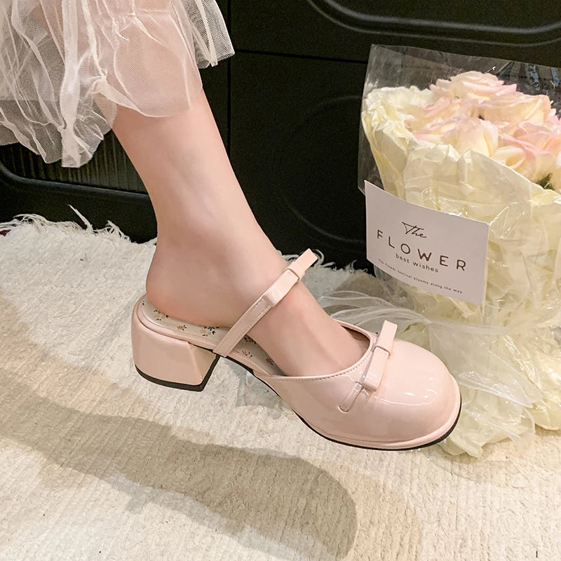 LIZAKOSHT  -  Summer Butterfly-knot Cover Toe Women Slippers Elegant Thick Heel Dress Slides Ladies Concise Slingback Dress Sandals Mule Shoes