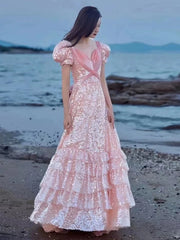 LIZAKOSHT  -  Sweet Pink Celebrity Dresses V-neck Pearl Floral Puff Sleeve A-line Sequins Detachable Bow Quinceanera Evening Prom Formal Gowns