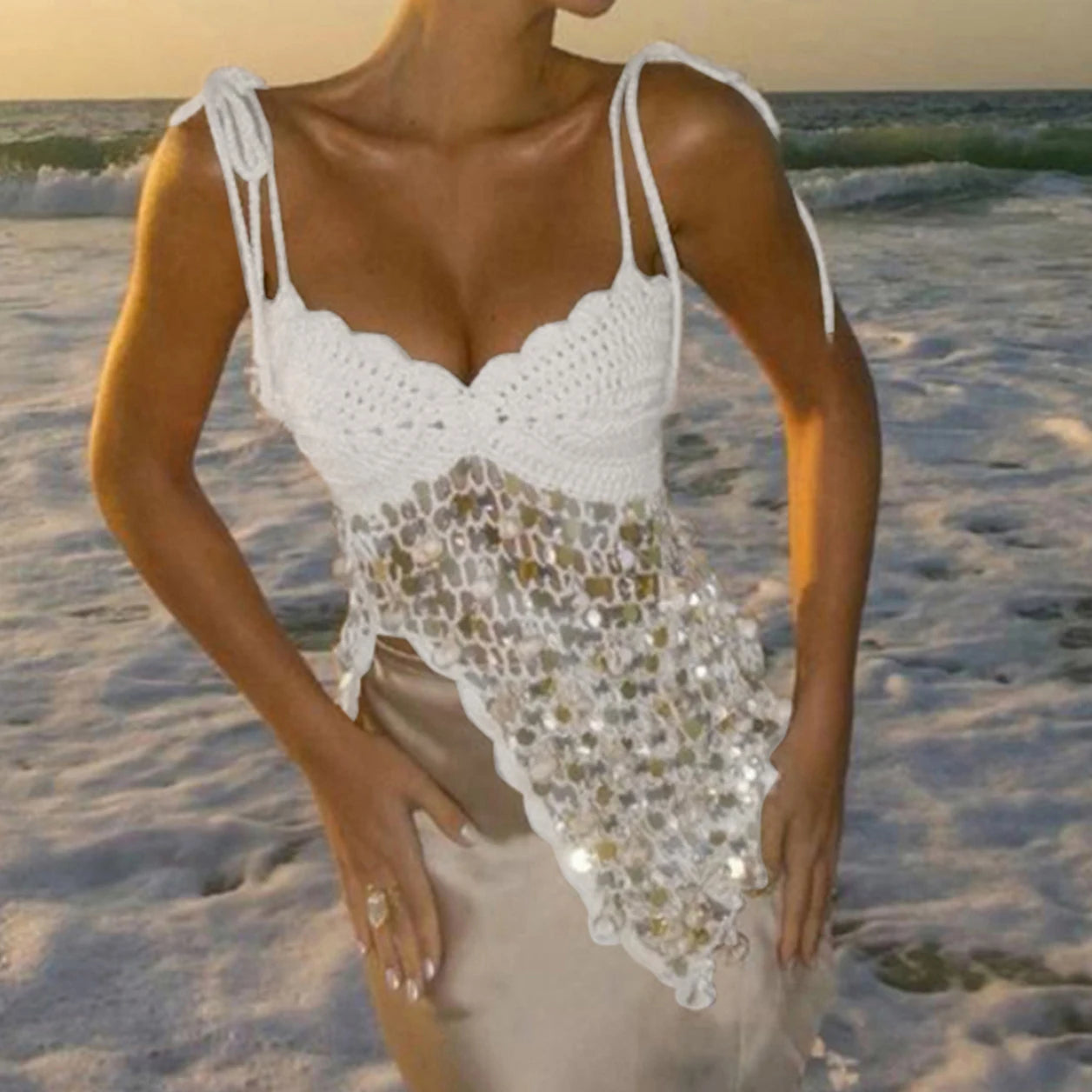 LIZAKOSHT  -  Women Y2K Sequin Sparkle Knit Cami Vest Shell Glitter Halter Tank Top Boho Beach Crochet Backless Tie Up Crop Top