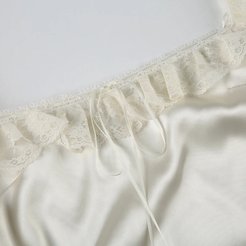 LIZAKOSHT  -  Women Elegant Lace Ruffles Trim Square Collar Sundress White Sleeveless A-line Short Dress Summer High Street Outfits
