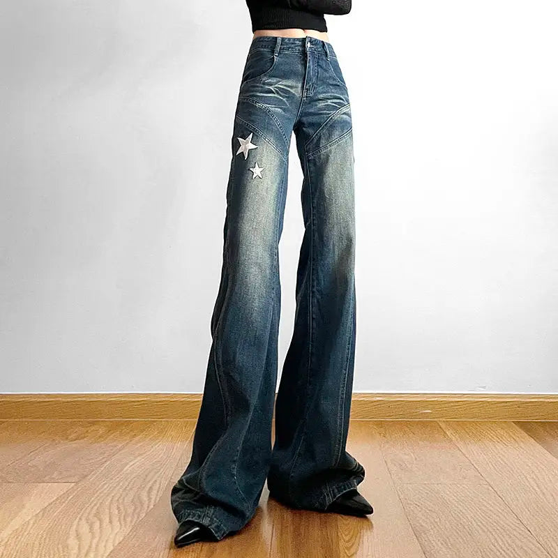 LIZAKOSHT  -  bell-bottoms Embroidered Star American Retro Women Street Y2K Jeans Wide Leg Loose Stripe All-match Mopping Pants Fashion Street