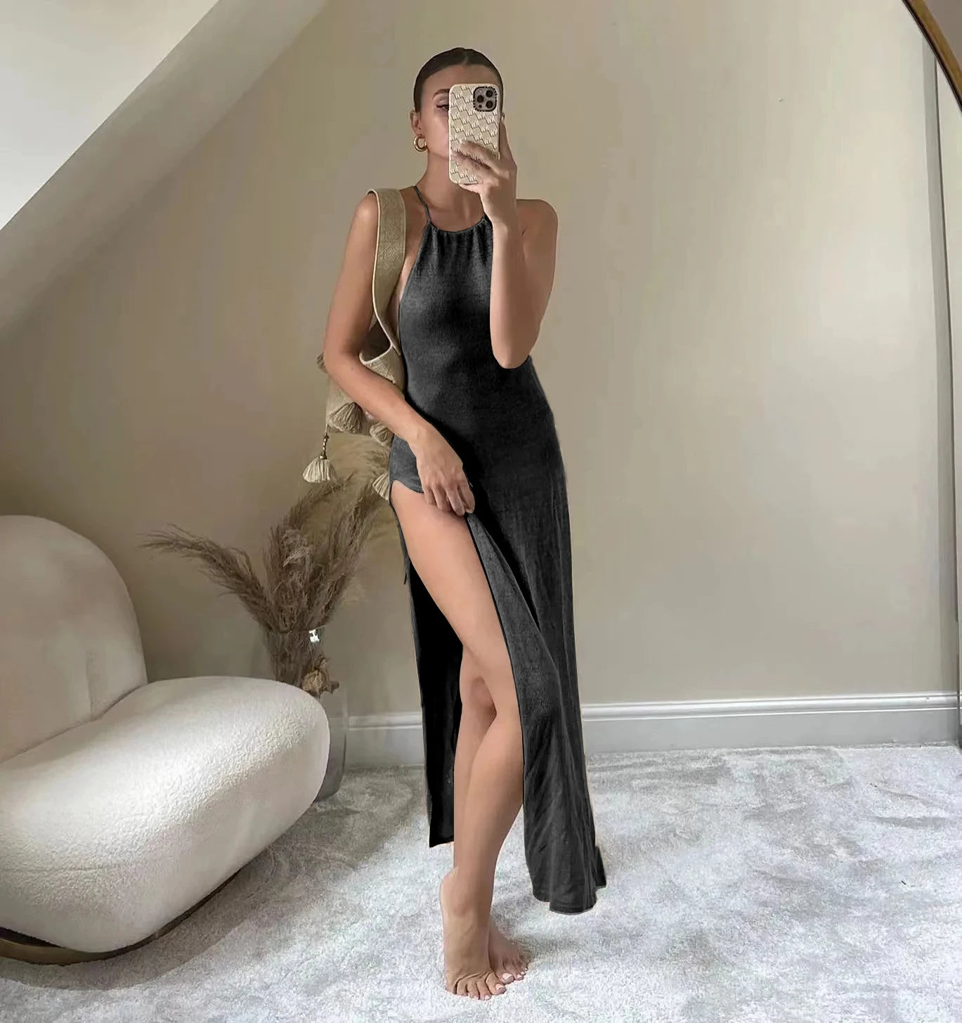 LIZAKOSHT  -  Summer Bikini Cover Up Beach Knitted Camisole Dresses Sexy Women Beach Cover-ups Women's Knit Long Dress Beachwear