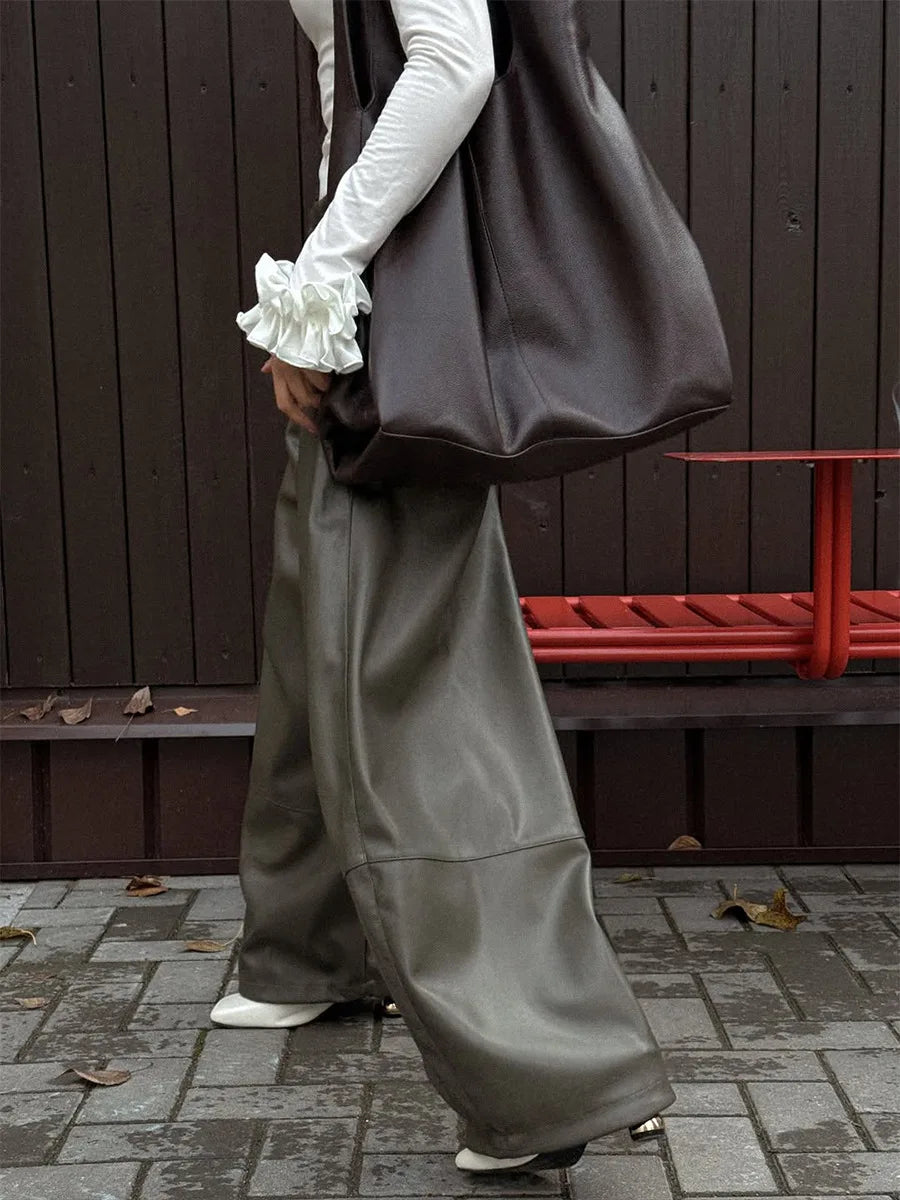 LIZAKOSHT  -  Womens Autumn Winter PU Lantern Pants Elegant Lazy Drawstring Casual Army Green Wide Leg Leather Pants