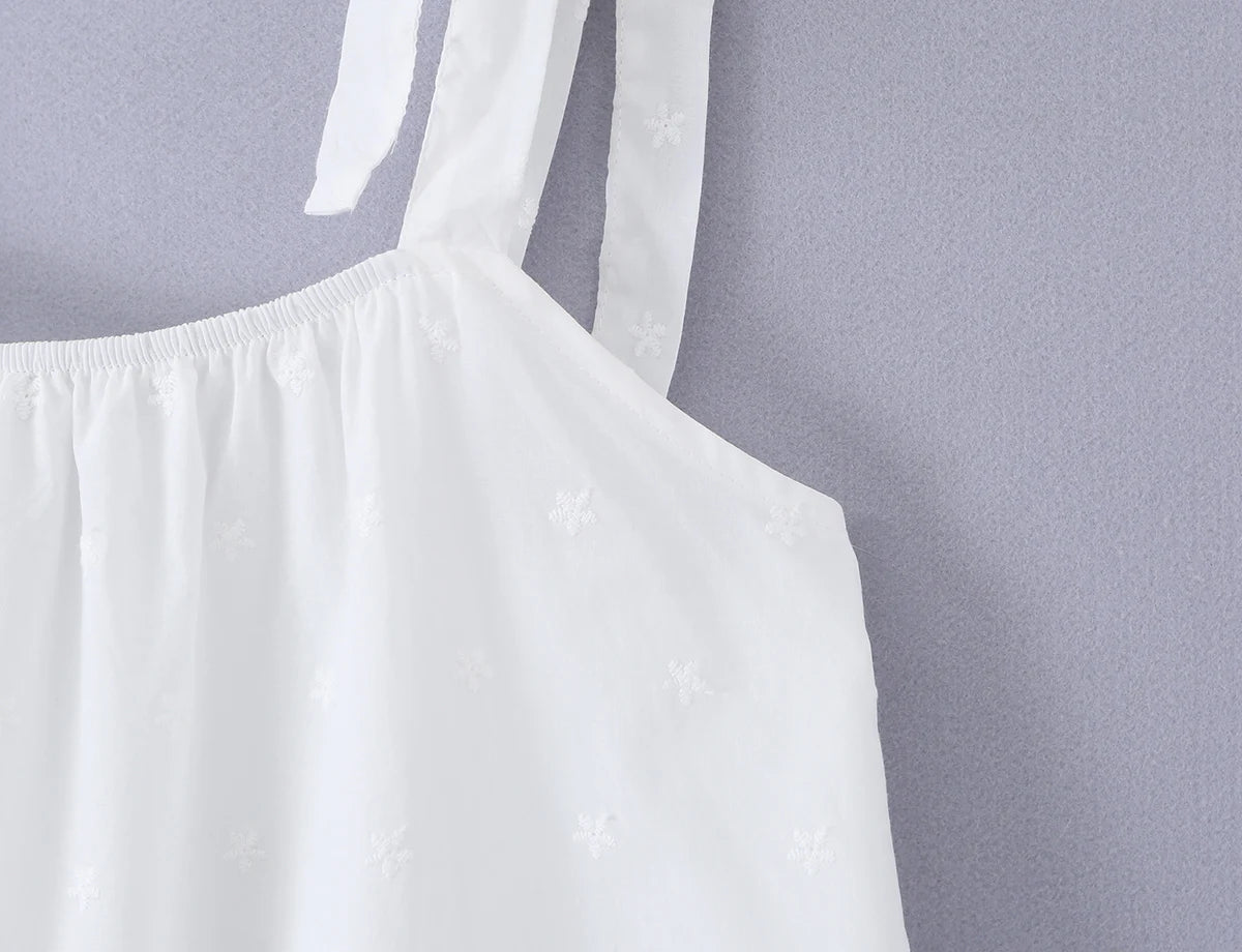 LIZAKOSHT  -  Bohemian White Embroidery Flower Tide Bow Spaghetti Strap Dress Woman Wood ears Ruffles Hem Swing Loose Swing Mini Dresses Robe