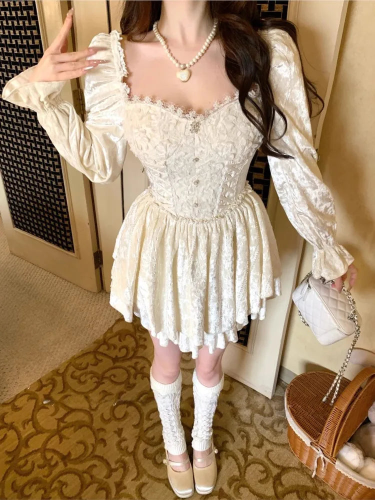 LIZAKOSHT  -  French Sweet Lace Spliced Princess Dress Autumn Long Sleeve Square Collar Beading Vestidos Elegant Retro Evening Party Clothing