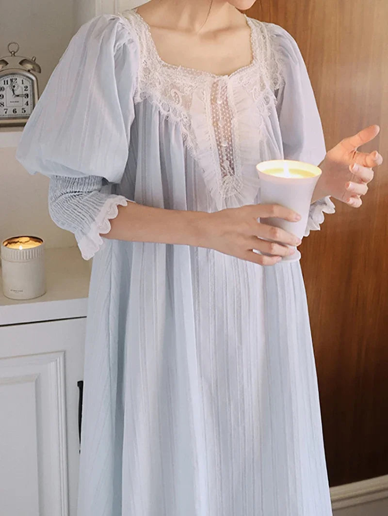 LIZAKOSHT -  Women Pure Cotton French Fairy Pajama Nightdress Vintage Princess Long Sleeve Mesh Spring Autumn Victorian Nightgowns Sleepwear