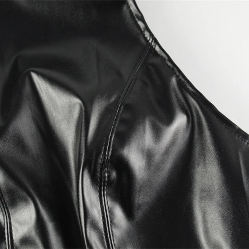 LIZAKOSHT  -  Pu Leather O Neck Sleeveless Black Y2k Hipster Club Short Dress Women Slim Fit Sexy Streetwear Zip Up Vestidos Clothing
