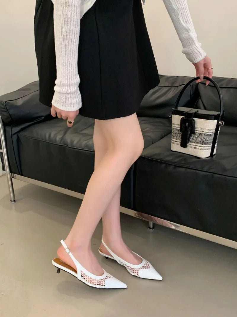 LIZAKOSHT  -  Mesh Low Heeled Sandals Sexy Pointed Toe Elegant Mule Shoes Summer Fashion Party Dress Shoes Pumps for Ladies  Designer Sandals