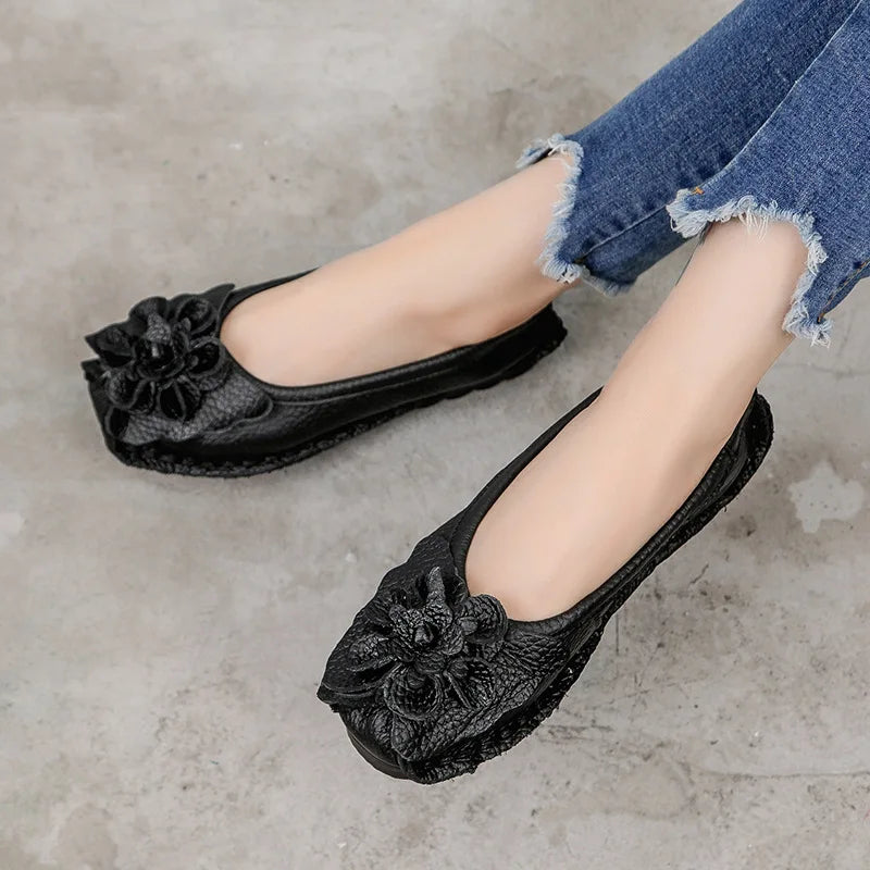 LIZAKOSHT  -  High Quality Genuine Leather Flats Woman Spring Shoes Super Designer Flats Women Flower Ladies Casual Shoes Female Loafers