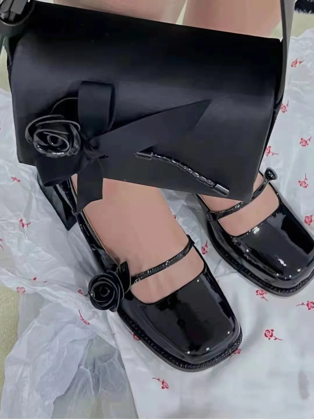 LIZAKOSHT  -  rose flower patent leather shoes woman brand designer sqaure toe pumps female thick heel button strap mary janes talons hauts