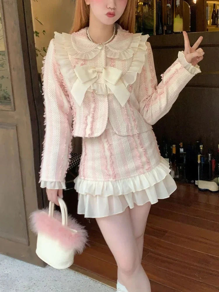 LIZAKOSHT  -  Pink Kawaii Elegant Skirt Suit Women Plaid Korean Sweet Two Piece Set Winter Long Sleeve O-neck Coat + Party Mini Skirt New