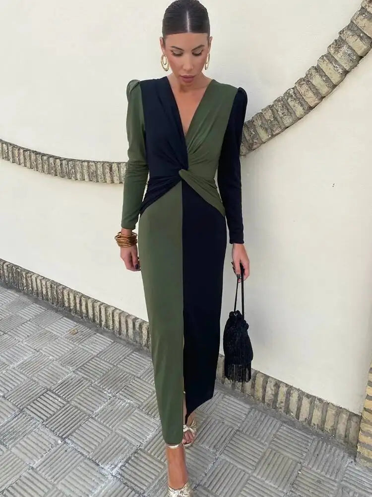 LIZAKOSHT  -  Patchwork Long Sleeve Slit Women Maxi Dress Green Deep V-neck Ruched Autumn Winter Skinny Elegant Party Evening Dress